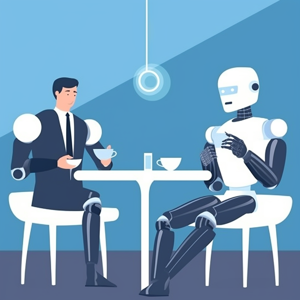 thoknuts Robot AI futuristic drinking coffee and discussing a9e39fc0 f1ec 410b bbf0 371da6e562af Lær om AI
